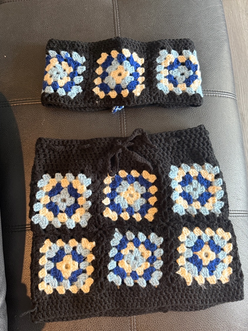 Handmade Black Crochet Women’s Skirt with Blue & Cream Square Motif